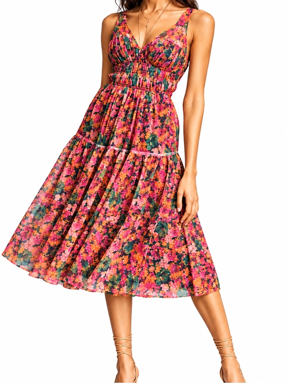 Maeve Anthropologie Halter Mesh Floral Midi Dress Pink Green Flowy Cottagecore
